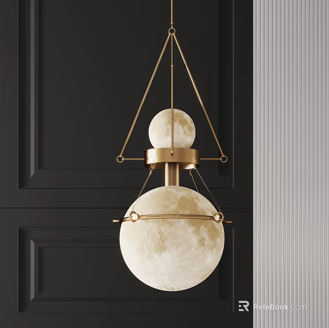 Modern Golden Double Sphere Chandelier with Moon Surface Texture on Dark Wall Background 3d model 