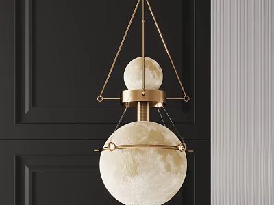 Modern Golden Double Sphere Chandelier with Moon Surface Texture on Dark Wall Background 3d model