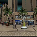 Multi tiered Garden Ornament Fountain With Flowing Water Palm Trees And High Rise Buildings