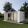 Modern White Container House on Green Grassland with Trees and Glass Doors