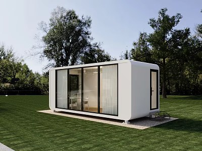 Modern White Container House on Green Grassland with Trees and Glass Doors 3d model