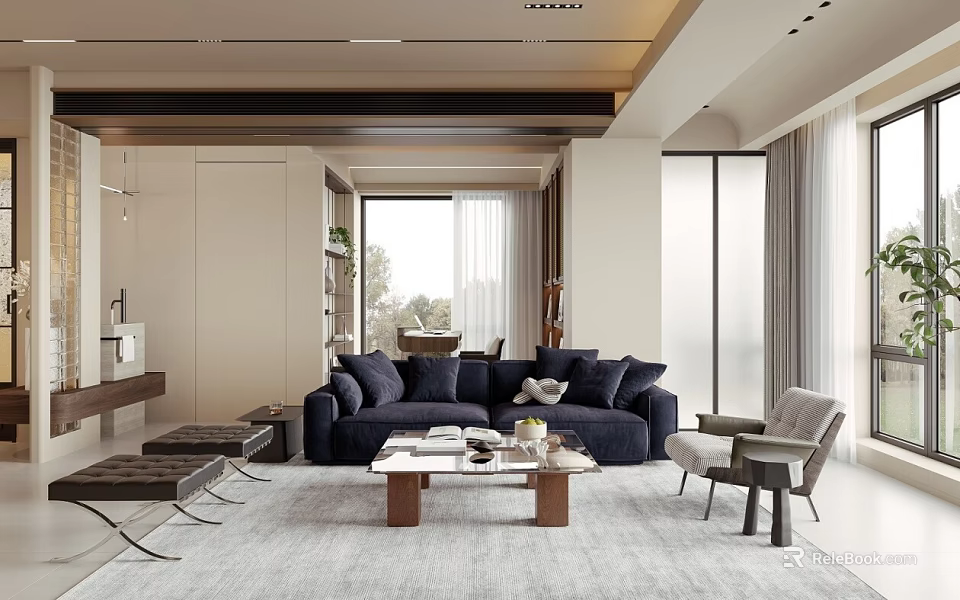 Modern Living And Dining Interior With Navy Blue Sofa Wooden Coffee Table And Gray Rug 3d model 