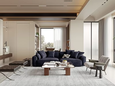 Modern Living And Dining Interior With Navy Blue Sofa Wooden Coffee Table And Gray Rug 3d model