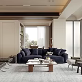 Modern Living And Dining Interior With Navy Blue Sofa Wooden Coffee Table And Gray Rug