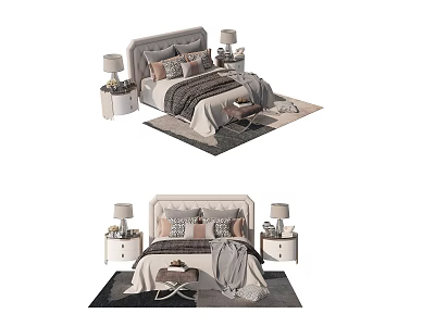 Stylish Modern Double Bed Interior With Bedside Tables Table Lamps Pillows And Throw Rug 3d model