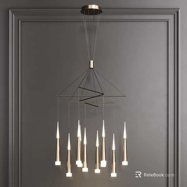 Modern Minimalist Chandelier With Geometric Structure And Candle Shaped Lights On Dark Grey Wall Background 3d model 
