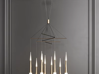 Modern Minimalist Chandelier With Geometric Structure And Candle Shaped Lights On Dark Grey Wall Background 3d model