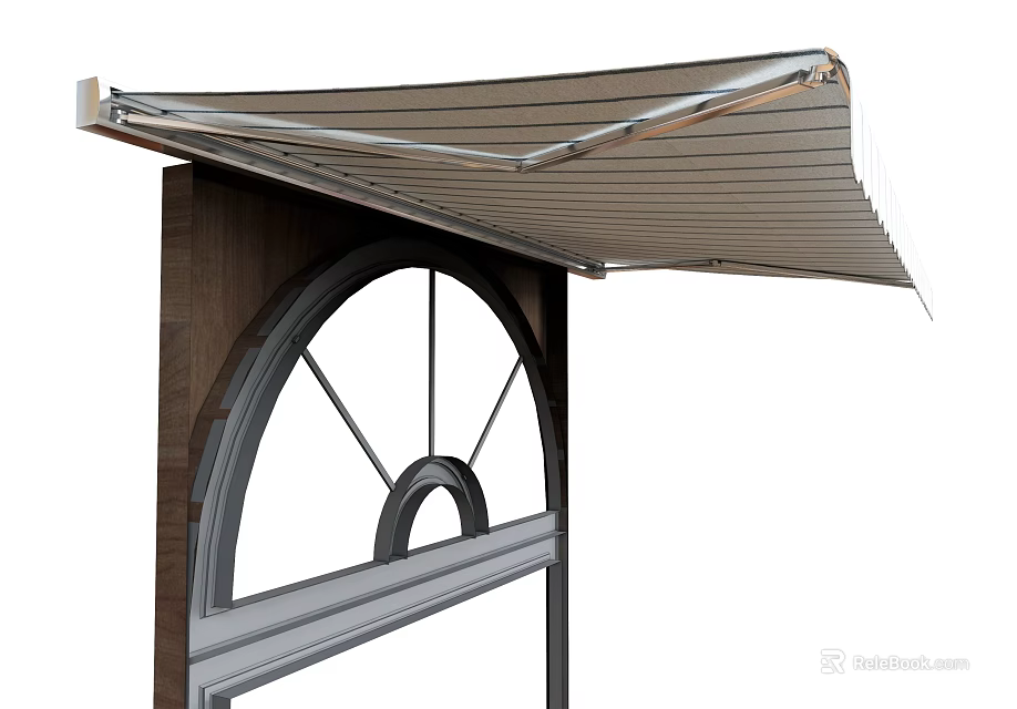 Brown Retractable Awning Over Arched Window With Wooden Frame And Metal Support 3d model 