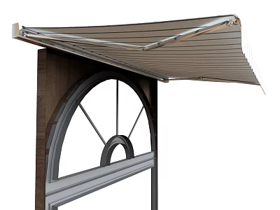 Brown Retractable Awning Over Arched Window With Wooden Frame And Metal Support 3d model