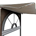 Brown Retractable Awning Over Arched Window With Wooden Frame And Metal Support