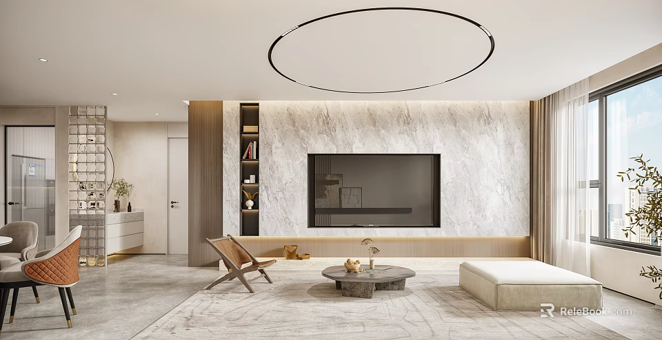 Modern Living Dining Room Interior With Marble TV Wall Circular Ceiling Light And Seating 3d model