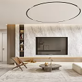 Modern Living Dining Room Interior With Marble TV Wall Circular Ceiling Light And Seating 3d model