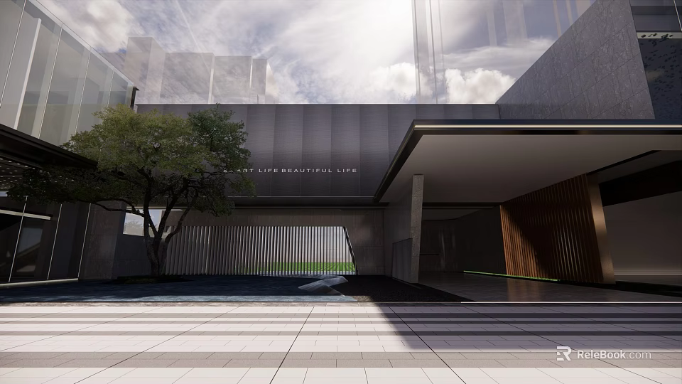 Modern Garden Landscape Design With Architectural Structure Greenery And Water Feature 3d model