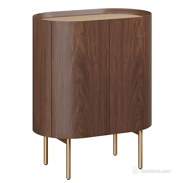 Walnut Wood Cabinet With Double Doors And Gold Metal Legs Design 3d model 