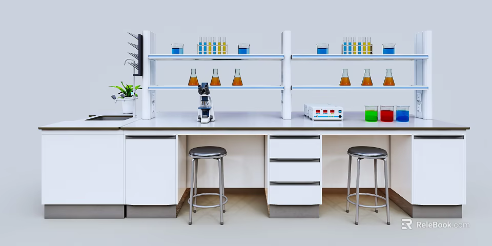 Modern Laboratory Setup With Lab Bench Shelves Test Tubes Beakers Microscope And Stools 3d model