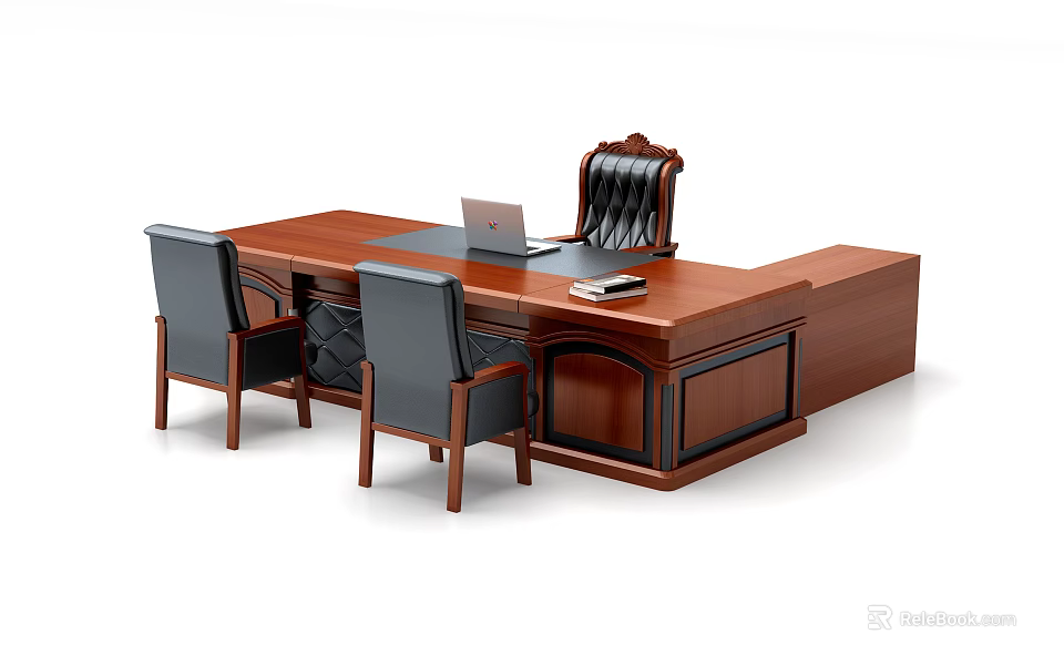 Executive Wooden Office Desk With Leather Chair Laptop And Drawer Storage 3d model 