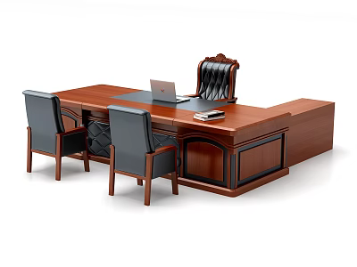 Executive Wooden Office Desk With Leather Chair Laptop And Drawer Storage 3d model