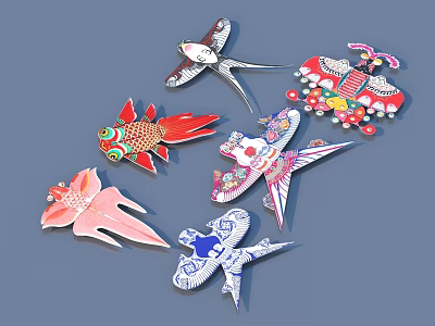 Colorful Traditional Decorative Crafts Featuring Fish And Bird Shapes Design 3d model