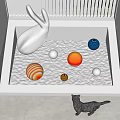Abstract Silver Sculpture with Colorful Spheres and Black Cat in White Square Corrugated Metal Container