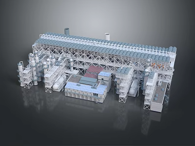 Detailed Industrial Building Complex Model Featuring Steel Frames Towers And Piping Systems 3d model