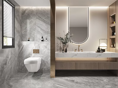Modern Bathroom With Marble Walls Wall Mounted Toilet Round Mirror Vanity Wooden Cabinets And Lighting 3d model