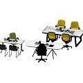 Modern Office Desks With Rectangular Oval Shapes Yellow Black Chairs And Supplies