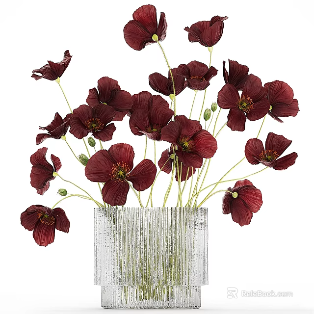 Elegant Decorative Ornament Set With Dark Red Flowers In Textured Silver Vase 3d model 