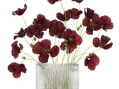 Elegant Decorative Ornament Set With Dark Red Flowers In Textured Silver Vase 3d model