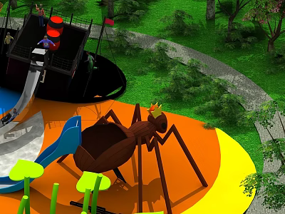 Spider Shaped Landscape Sculpture in Colorful Circular Area with Slide Green Plants and Crown Decoration 3d model