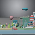 Colorful Architectural 3D Model Cityscape With Hot Air Balloon Airship Trees And Cars