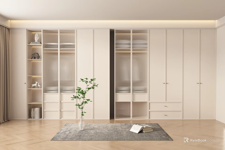 Modern White Wardrobe With Glass Doors Wooden Cabinets Drawers And Open Shelves 3d model 