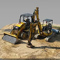 Yellow Bulldozer And Excavator Construction Equipment Parked On Sand Site