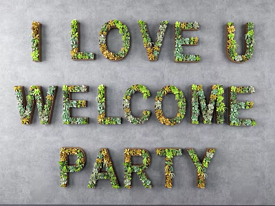 Living Plant Wall With Decorative Letters Forming Welcome Party Message On Gray Background 3d model