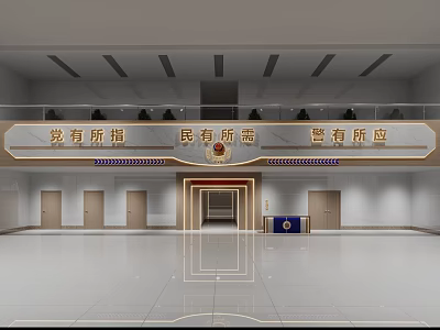 Police Reception Desk in Spacious Hall with Public Service Slogan and Official Badge 3d model