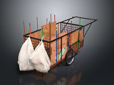 Vintage Hand Cart With Metal Frame Wooden Planks And Hanging White Bags On Dark Background 3d model