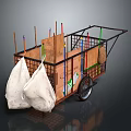 Vintage Hand Cart With Metal Frame Wooden Planks And Hanging White Bags On Dark Background