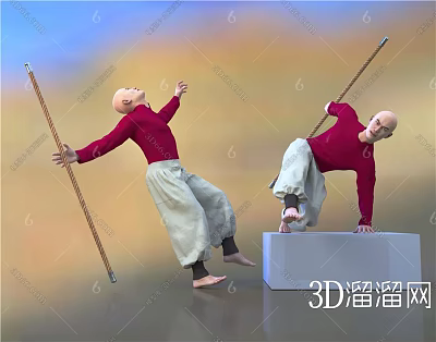 3D Model Man In Red Shirt White Pants Stretching With Long Stick Near White Cube 3d model