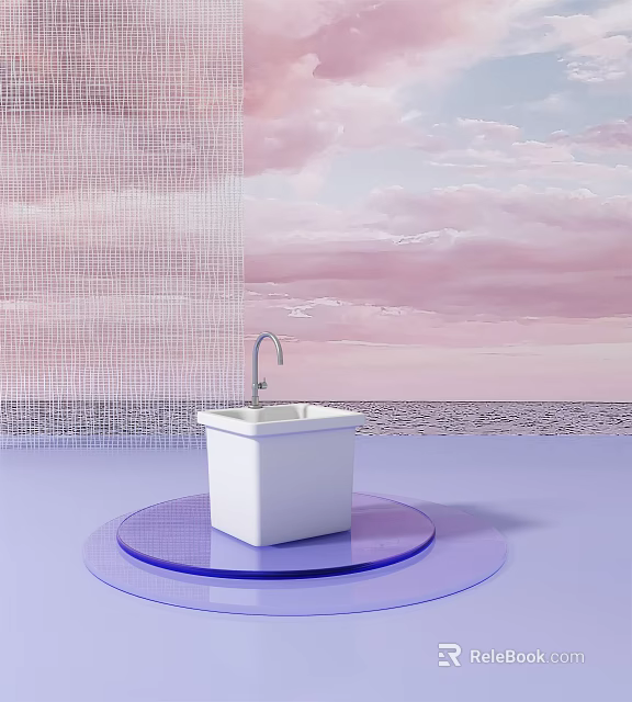 White Square Sink With Silver Faucet On Blue Platform Against Pink Sky Clouds Purple Floor 3d model 