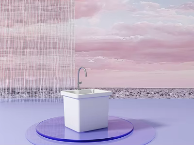 White Square Sink With Silver Faucet On Blue Platform Against Pink Sky Clouds Purple Floor 3d model