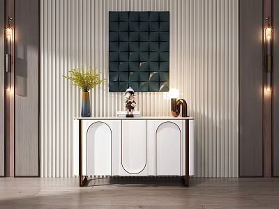Modern Entryway Console Table With Decorative Items Vase And Wall Lamps On Striped Wall 3d model