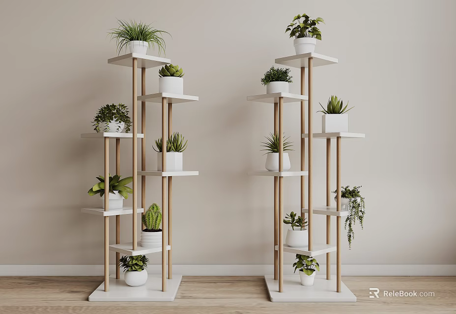 Multi Tiered Wooden Garden Decor Plant Stands with White Pots and Green Plants 3d model 