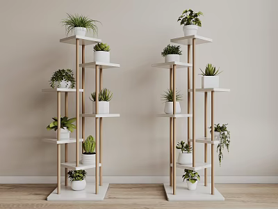 Multi Tiered Wooden Garden Decor Plant Stands with White Pots and Green Plants 3d model