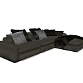 Gray Sectional Sofa With Multiple Black And Gray Cushions And Black Throw Blanket 3d model