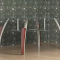Round Green Glass Table With Red Silver Legs On Wooden Floor Against Patterned Wallpaper