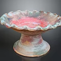 Artistic Ceramic Decorative Bowl Featuring Ruffled Edge And Pedestal Base With Mixed Color Tones