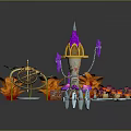 Cartoon Scene with Purple Yellow Spire Tower Orange Flowers Green Leaves and Golden Spiral Structure