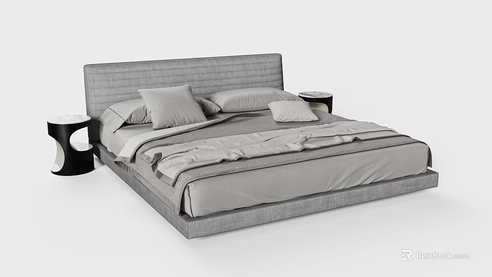 Modern Gray Double Bed With Upholstered Headboard And Side Tables 3d model