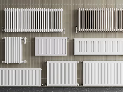 Various Styles Of White Radiators Mounted On Tiled Wall For Home Heating Solutions 3d model