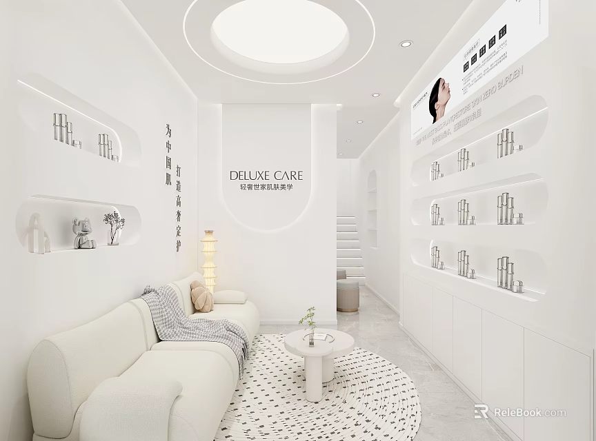 Modern Elegant Minimalist White Beauty Salon Interior Design With Comfortable Lounge And Skincare Product 3d model 