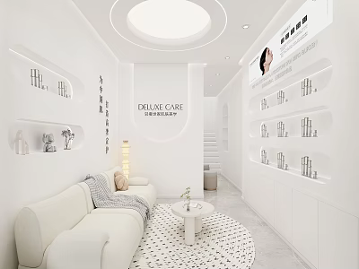 Modern Elegant Minimalist White Beauty Salon Interior Design With Comfortable Lounge And Skincare Product 3d model